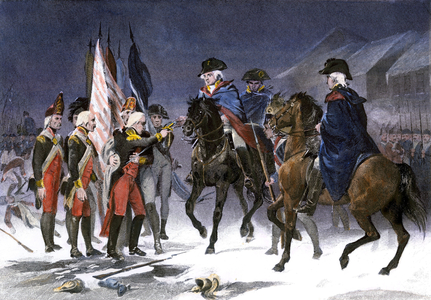 War of Independence of the United States of America (1775-1783): Hessian Colonel Rahl wounds surrounds Trenton (New Jersey) to George Washington (1732-1799), December 1776. Coloured engraving of the 18th century.