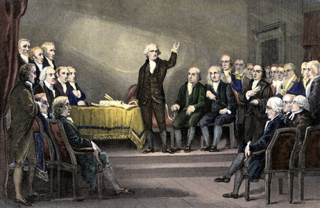 Foundation and Proclamation of the United States of America: George Washington presides over the Constitutional Convention adopting the American Constitution in 1787 in Philadelphia.