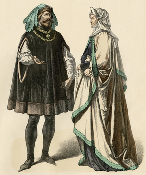 Couple of the nobility vetus in fashion of the high Middle Ages (5th-9th century) - Nobleman and noblewoman in fashions of the high Middle Ages. Antique hand-colored print