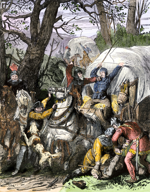 Normandy conquete of England: Norman barons attacking travellers in England at the end of the Middle Ages. Colouring engraving of the 19th century.