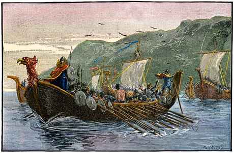 Norsemen sailing down the coast of North America - Hand-colored woodcut of a 19th-century illustration