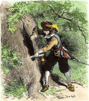 United States, State of Connecticut: Colon of Connecticut hiding the charter inside a tree trunk to keep it out of the reach of Governor Andros in 1687. Colour engraving of the 19th century.