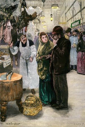 Couple choosing Thanksgiving's menu has a butcher's stoop in an American covered walk, around 1880.