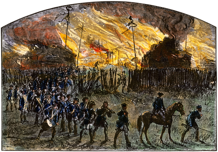 Indian Wars: Indian village destroyed and burned by the American Federal Forces in the Northwest Territories during the beginning of the republic (1789-1823). Strong water in colors 19th century.