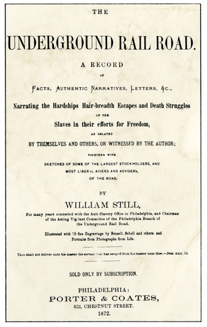 Anti-slavery: William Still's title page “Underground Railroad”” published in 1872 to denounce the working conditions of slaves. Colour engraving.