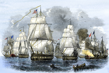 American Navy: American Navy squadron commissioned by Matthew Perry sailing to Japan, 1852. Boats from left to right: USS Susquehannah, Saratoga, St Mary's, lifeboat, Plymouth, Perry in a canoe, Mississippi, and Princeton. Colour engraving of the 19th century