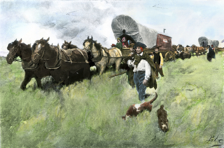 United States, Ohio Territory: Connecticut settlers entering Ohio after the American revolution, 1780s. Colour engraving from an illustration by Howard Pyle