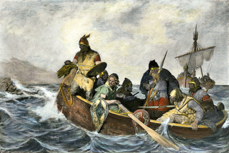 Viking: Leif Ericson (or Erikson or Erikkson or Eriksson or Eiriksson or Erickson) (v. 975-v. 1020) Icelandic explorer, approaching the odds of Vinland (Canada). Engraving. Norse explorer Leif Erikssen off the North American coast of Vinland in a Viking landing boat.