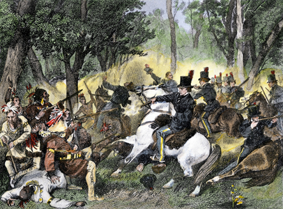 Native population of America: Indians. Tecumseh (c.1768-1813), leader of the Shawnees tribe, killed by William Henry Harrison's troops at Battle of the Thames, 1813. Colour engraving of the 19th century.