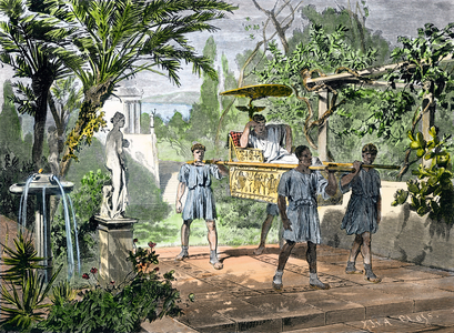 Rich Roman bears by slaves in the gardens of his villa. 19th century color engraving.