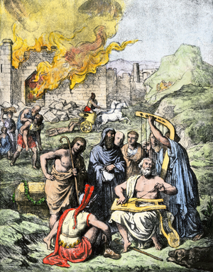 The Greek aede Homere (9th-8th century BC), nicknamed the poet singing the epic story of the Illiad by tuning his lyre, surrounded by a shepherd, a soldier, nobles and a harpist. In the background, the city of Troy on fire. Lithograph from 19th century illustration.