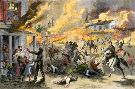 US Civil War, 1861-1865: Confederate raiders destroying the city and killing the population of Lawrence, Kansas, 1863. Colour engraving of the 19th century.
