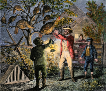 A farmer chooses a turkey for Thanksgiving dinner under the eyes of family members around 1800. Lithograph from 19th century illustration.