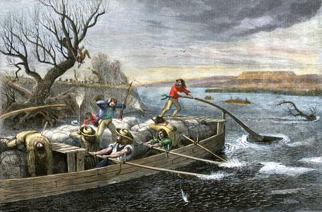 Fur traders attacked by Indians on the Missouri River. 19th century coloring engraving.