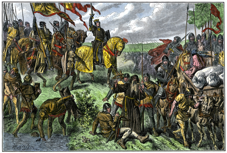 Rodolph I, King of the Romans (Rodolph IV of Habsburg) (1218-1291) took Austria, becoming the first member of the House of Habsburg to climb on the imperial throne - Rudolph I taking Austria, the first Hapsburg to be Holy Roman Emperor. Hand-colored woodcut of a 19th-century illustration