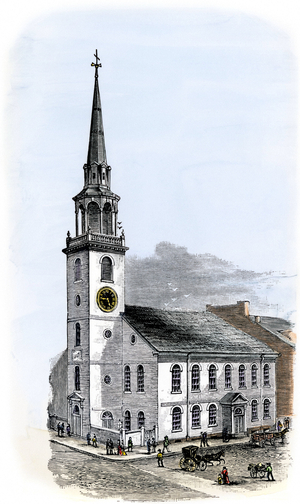 United States of America (1775-1783): Old South Meeting House is a church built in 1729 in Boston, Massachusetts. It also served as a meeting place in the 1770s, particularly after the Boston massacre. This is where the Boston Tea Party started. Colourful engraving of the 19th century.