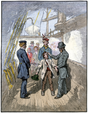 The health inspectors of Castle Garden (or Fort Clinton) (New York, USA), the first official centre of American immigration, observe a young boy on his arrival in America, circa 1870 - Colorised engraving, 19th century - Castle Island health inspectors examining an immigrant boy, 1870s - Hand-colored woodcut of a 19th-century illustration