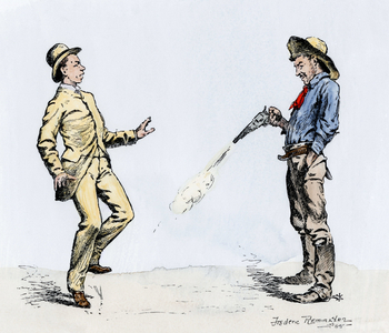 History of the West Conquete settlers: American pioneers. Shooter dancing his victim. 19th century coloring engraving by Frederic Remington.