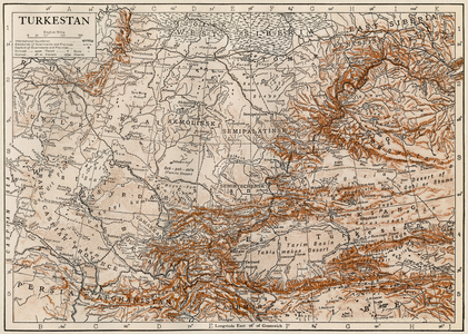 Map of Turkestan (Central Asia) Regions, ca. 1870 - Lithography - (Map of Turkestan region, 1870s). Color lithograph)