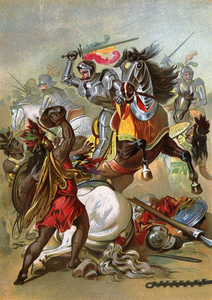 Hernando Cortes (Cortez, 1485-1547) lost two horses in the battle against the Indians of Tlaxcalan in the conquete of Mexico, 1519. Colourful engraving of the 19th century.