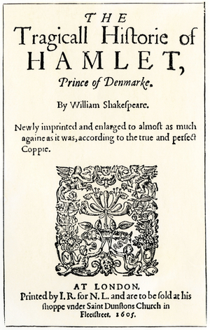 Literature: Frontispice of the 1605 piece “” Hamlet” written by William Shakespeare. Colouring engraving of the 19th century.