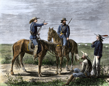 Indian Wars: The Scouts of General George Custer (1839-1876) during the Indian uprising in the Great Plains (central United States), around 1860. Coloured water, 19th century.