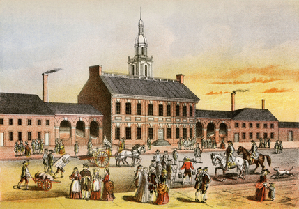 War of Independence of the United States of America (1775-1783): Independence Hall in Philadelphia where the Continental Congress reunited to redigate the declaration of Independence, 1776. Coloured engraving of the 19th century.