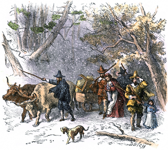 United States, State of Connecticut: migration of Puritan families. Settlers traveling to the Connecticut River Valley to settle in Wethersfield and Windsor in 1635. Colour engraving of the 19th century