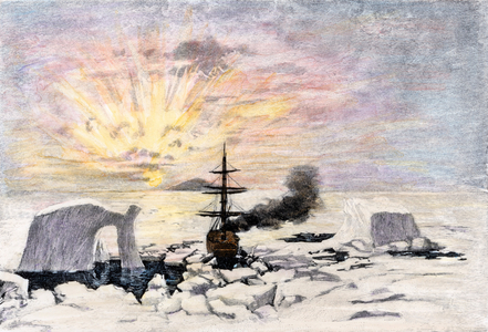 The ships of Carsten Borchgrevink's expedition (1864-1934, Norwegian explorer), in the midnight sun, Christmas Eve, in the Antarctic ice, in 1894. Color lithography, 19th century.