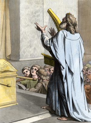 King David plays the harp in front of the people of Israel.