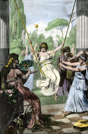 Recreation des filles dans la Grece antique. Adolescentes faisant de la balancoire en plein air. Gravure coloriee du 19eme siecle.