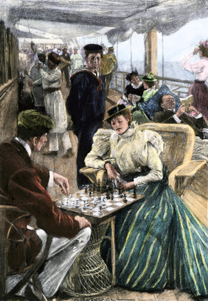 Passenger leisure on the deck of a P & O liner, chess game, reading, conversation, under the gaze of a crew member, circa 1900. Colour engraving.