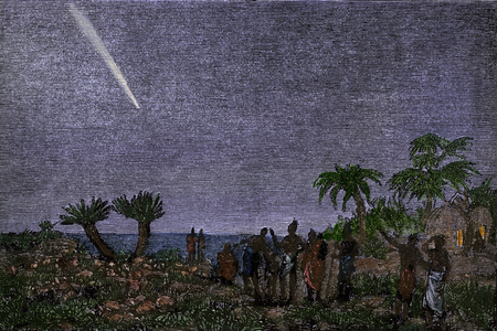 Observation of the passage of the “Great Comet of September 1882” over the Cape of Good Esperance in South Africa. Colour engraving after a 19th century illustration.
