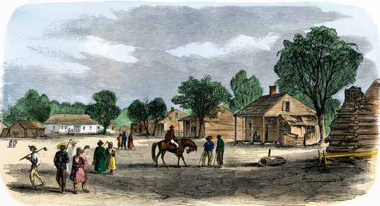 Negre (Afro-American) neighbourhood in the plantation of President Jefferson Davis (1808-1889), Mississippi (USA) in 1866, description of the habitat of free slaves after the Secession War (American Civil War, 1961-1865). Lithograph from 19th century illustration.