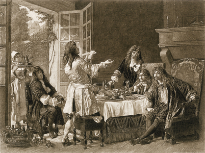 Literature: Dinner at the house of Jean-Baptiste Poquelin, dit Moliere (1622-1673) in Auteuil, France, 17th century. Engraving.
