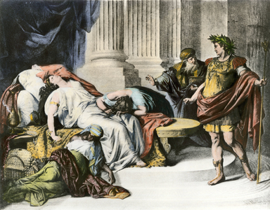 Civilization of Antiquity: Augustus (Octavian or Octavian, 63 BC-14 AD) finding Cleopatre's body after suicide. Engraving after the painting of Von Heckel.