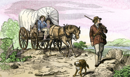 History of the settlers and the conquete of the West: American pioneers. Family of pioneers who moved to the West in diligence, 1840s. Colourful engraving of the 19th century.