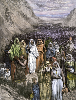 Biblical scene: Moses leads Jews (Hebrew people, Israelites) outside Egypt into the wilderness. Colourful engraving of the 19th century.