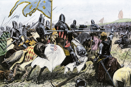Charge of the Francs Knights against the English archers (longbowmen or longbowman) at Crecy during the 100-year war, 1346. Colour engraving of the 19th century