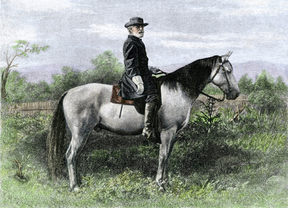 The Secession War or American Civil War (1861-1865): portrait of General Robert Edward Lee (1807-1870) of the Confederate Army on his horse “Traveler”. Colouring engraving from a photo taken by Mr. Miley in 1876.