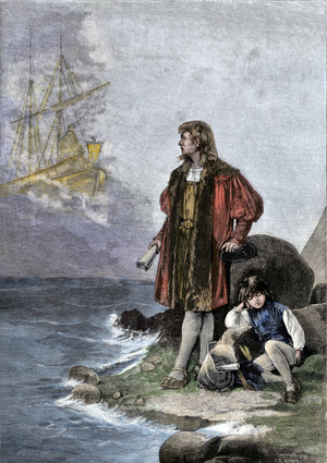 Vision of Christopher Columbus  with his son (Diego Colomb) during his travels from royal court to royal court to get his travel plan adopted. Engraving.