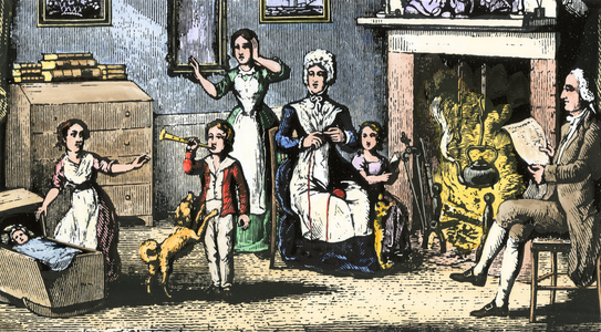 The young Benjamin Franklin (1706-1790) American writer, physicist and diplomat with his family in Boston. Colour engraving of the 19th century.