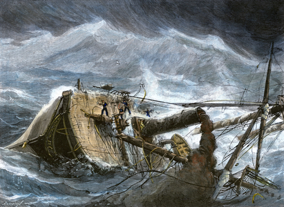 The American steamboat “Yantic” capsized by a cyclone, 1880s. Colour engraving of the 19th century.