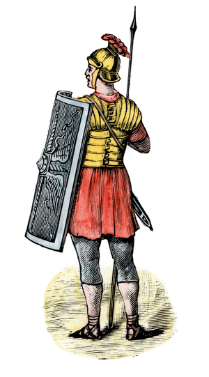 Soldier of the Roman Empire. 19th century colour engraving.