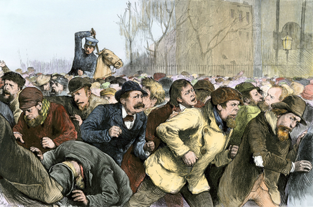 Communist workers hunted by police during their demonstration in Tompkins Square, New York, 1871. Colour engraving of the 19th century