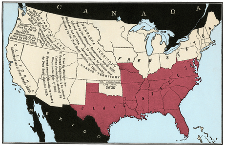 Map of American Territory, with Free Regions and Slavery Regions, 1857. Digital color illustration.