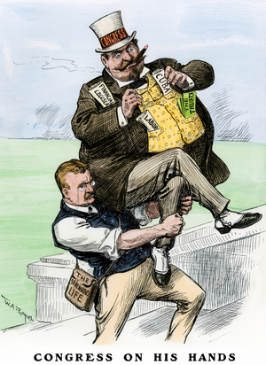 The Congress in his hands, President Theodore Roosevelt (1858-1919) carries in his arms a big congressman - Colorised engraving of a caricature of 1903 - “” Congress on His Hands”” cartoon of President Theodore Roosevelt carrying a fat congressman, 1903 - Hand-colored woodcut of a 1903 illustration