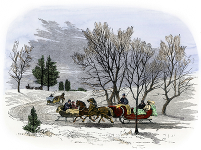 Sled on a road in winter, 19th century.