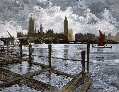 Westminster Abbey and House of Parliament has London views from the other bank of the Thames, England, Great Britain, circa 1800.