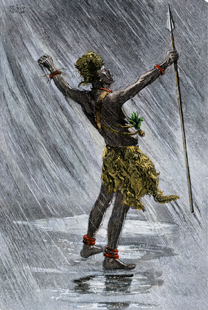 African indigenous: shaman summoning rain in the Congo Valley, 19th century. Colourful engraving of the 19th century.